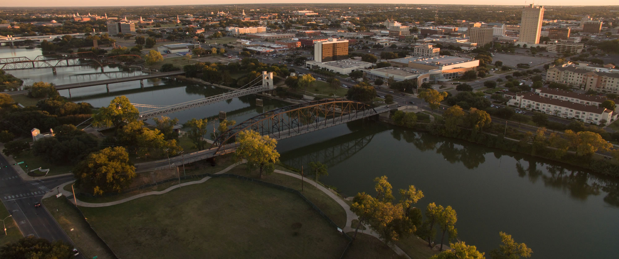 waco association of realtors -aerial view of the Waco suspension bridge